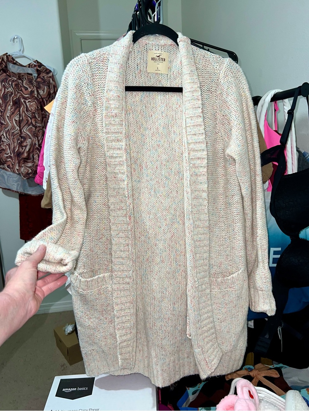 Hollister Co. confetti knit open-front cardigan.
